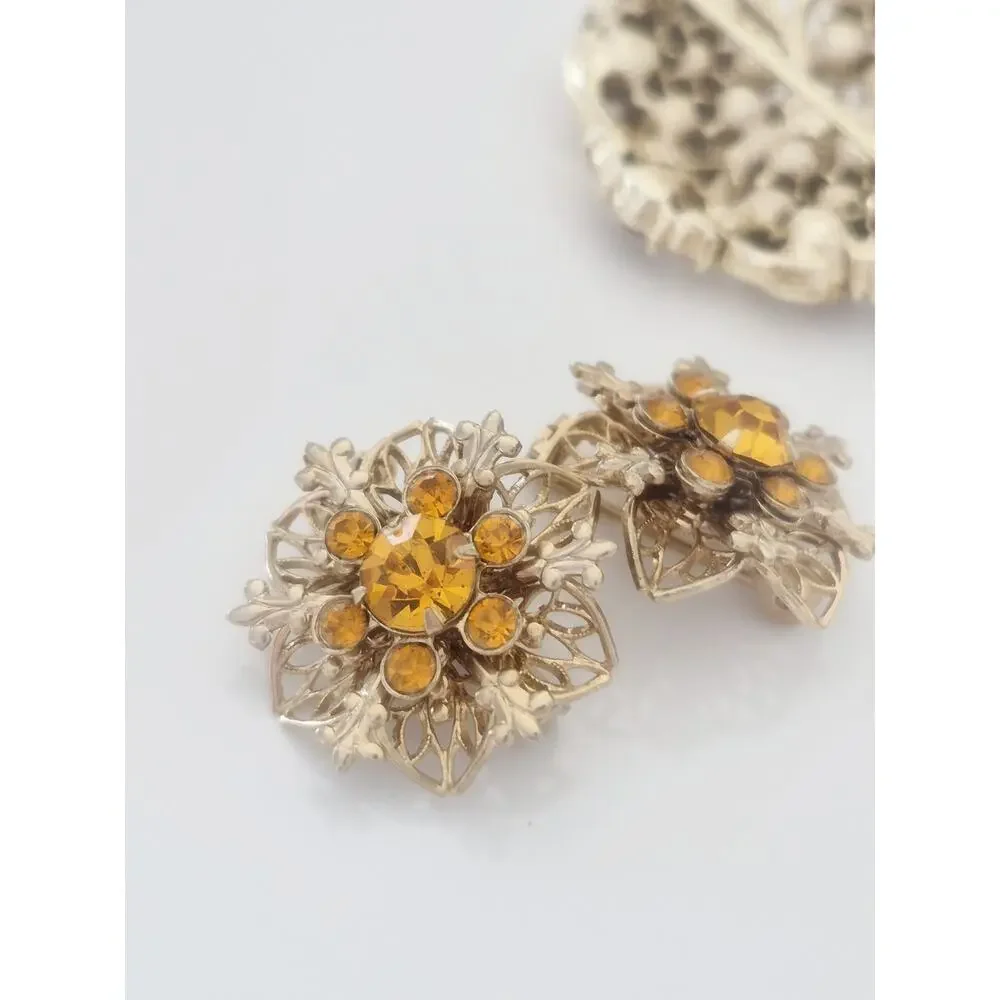 Vintage MCM Amber and Brown Rhinestone Brooch and Earring Set